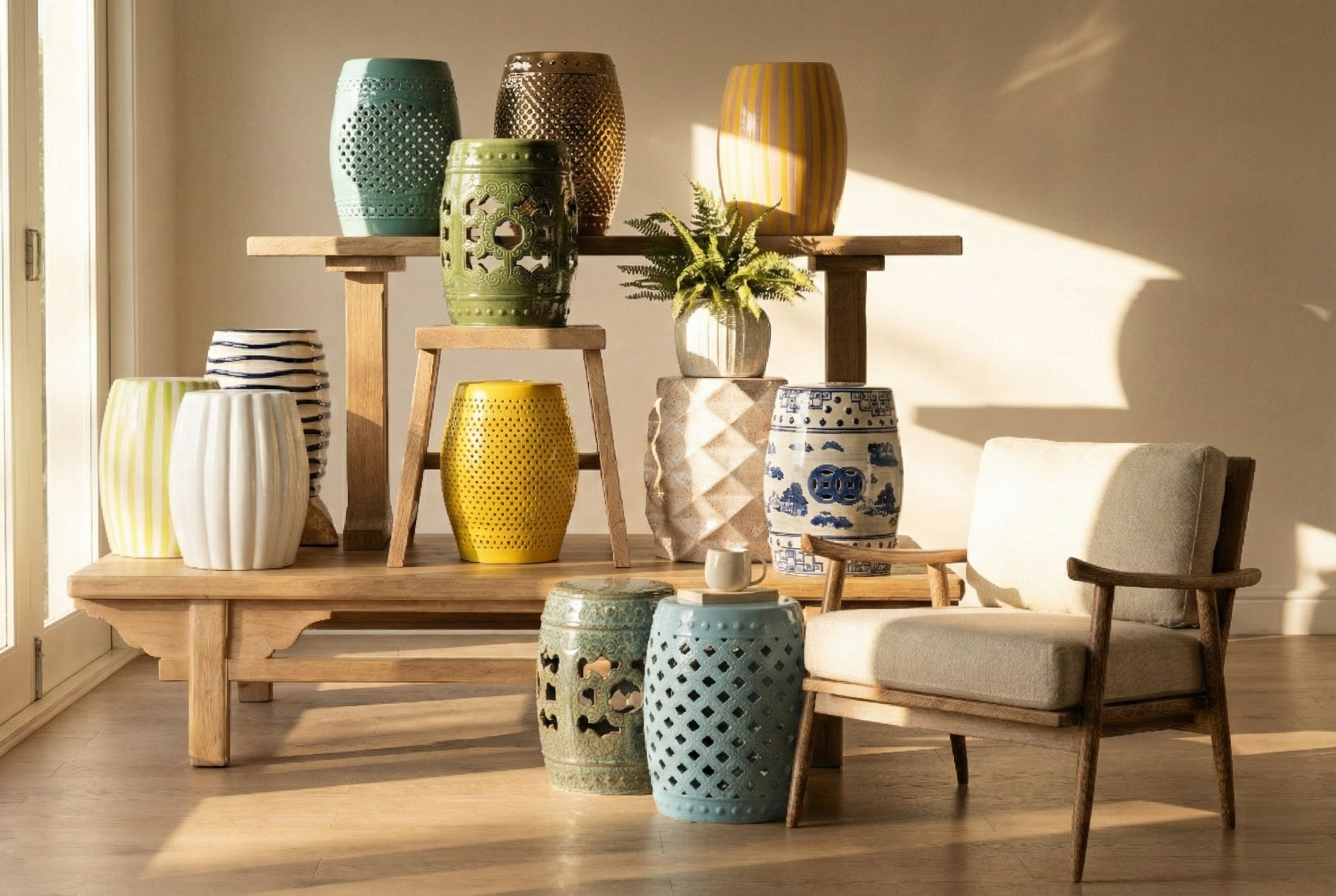 Pistachio Stripe Ceramic Stool