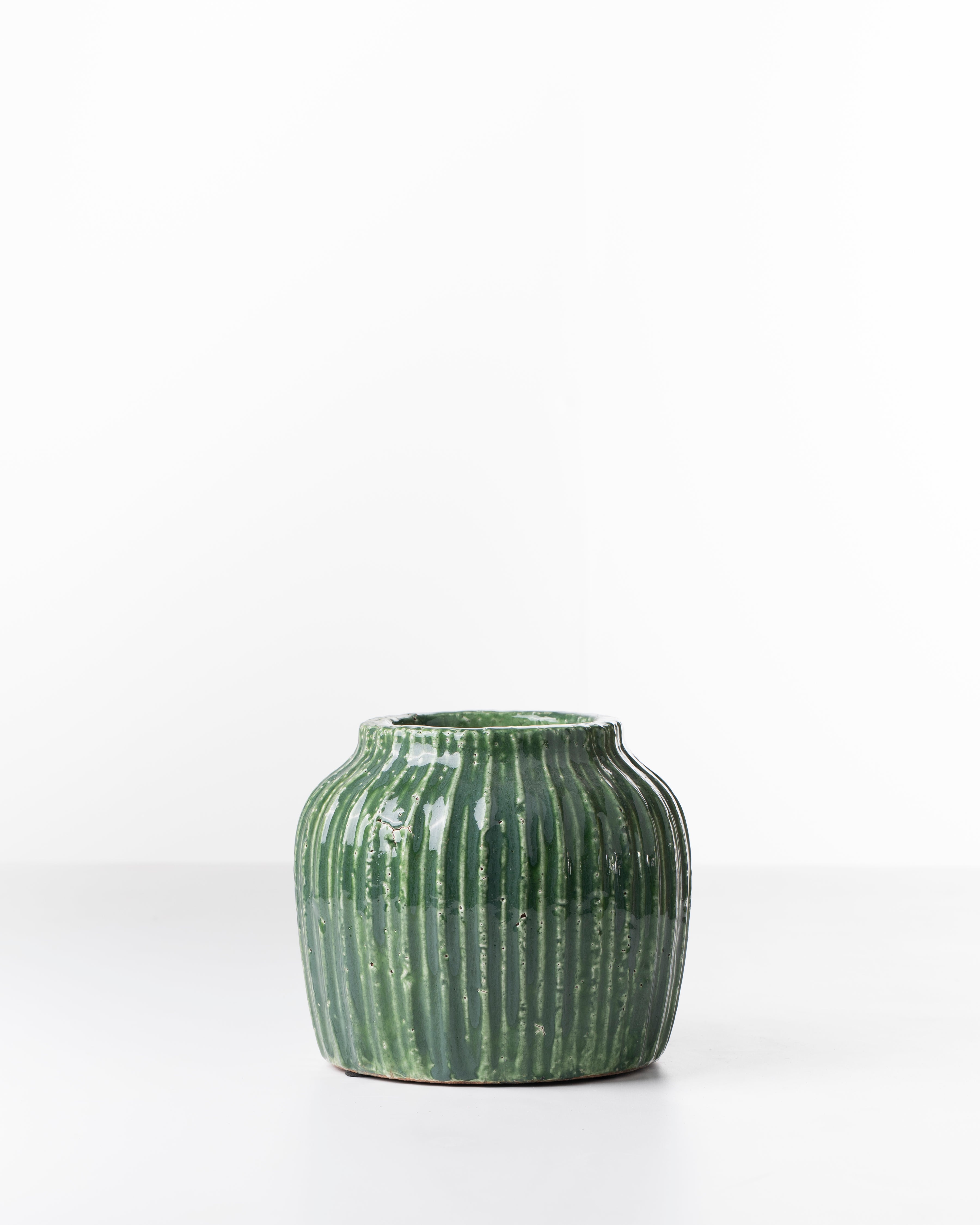 Antique Green Ribbed Ceramic Pot