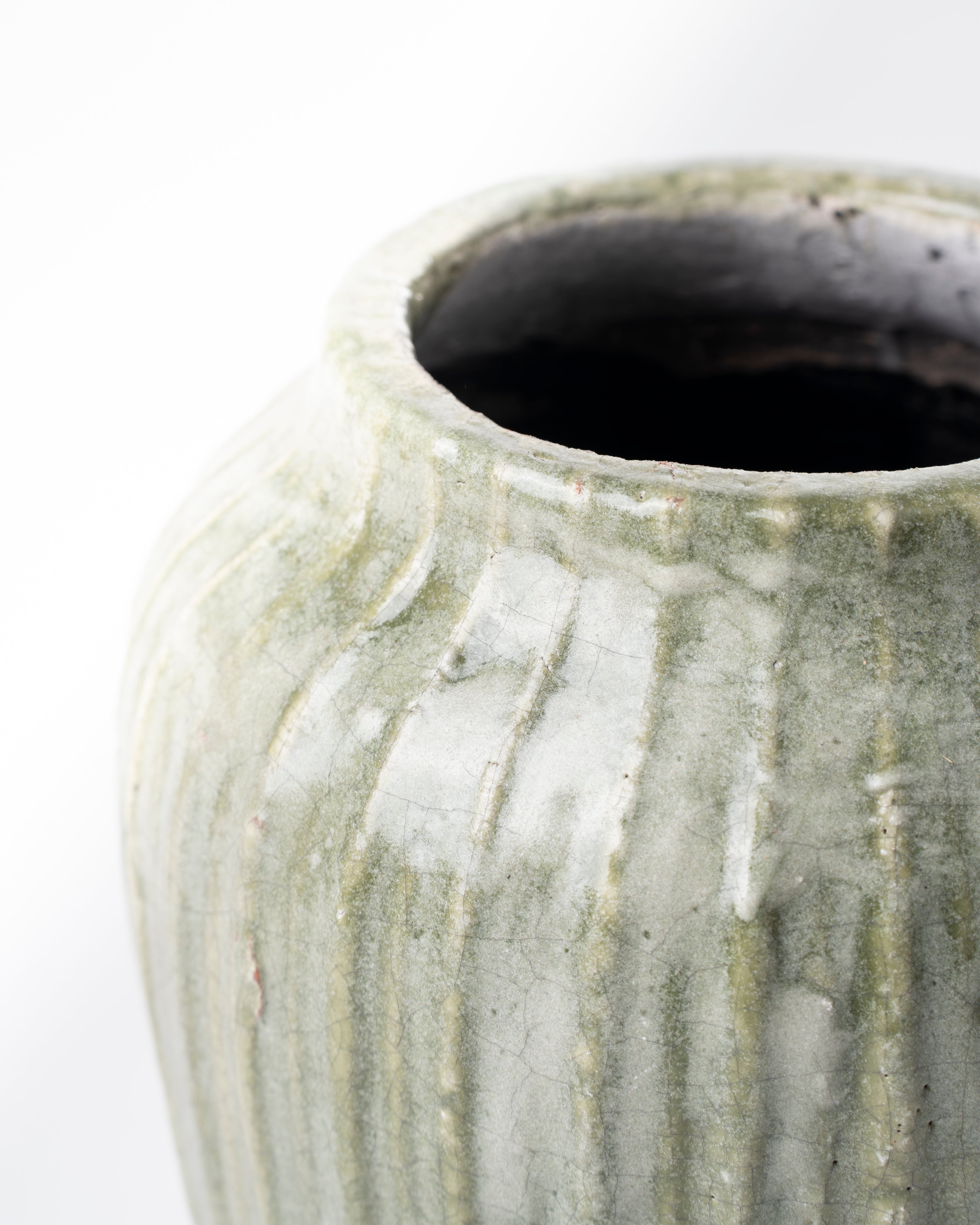 Earthy Green Ribbed Ceramic Pot | Medium