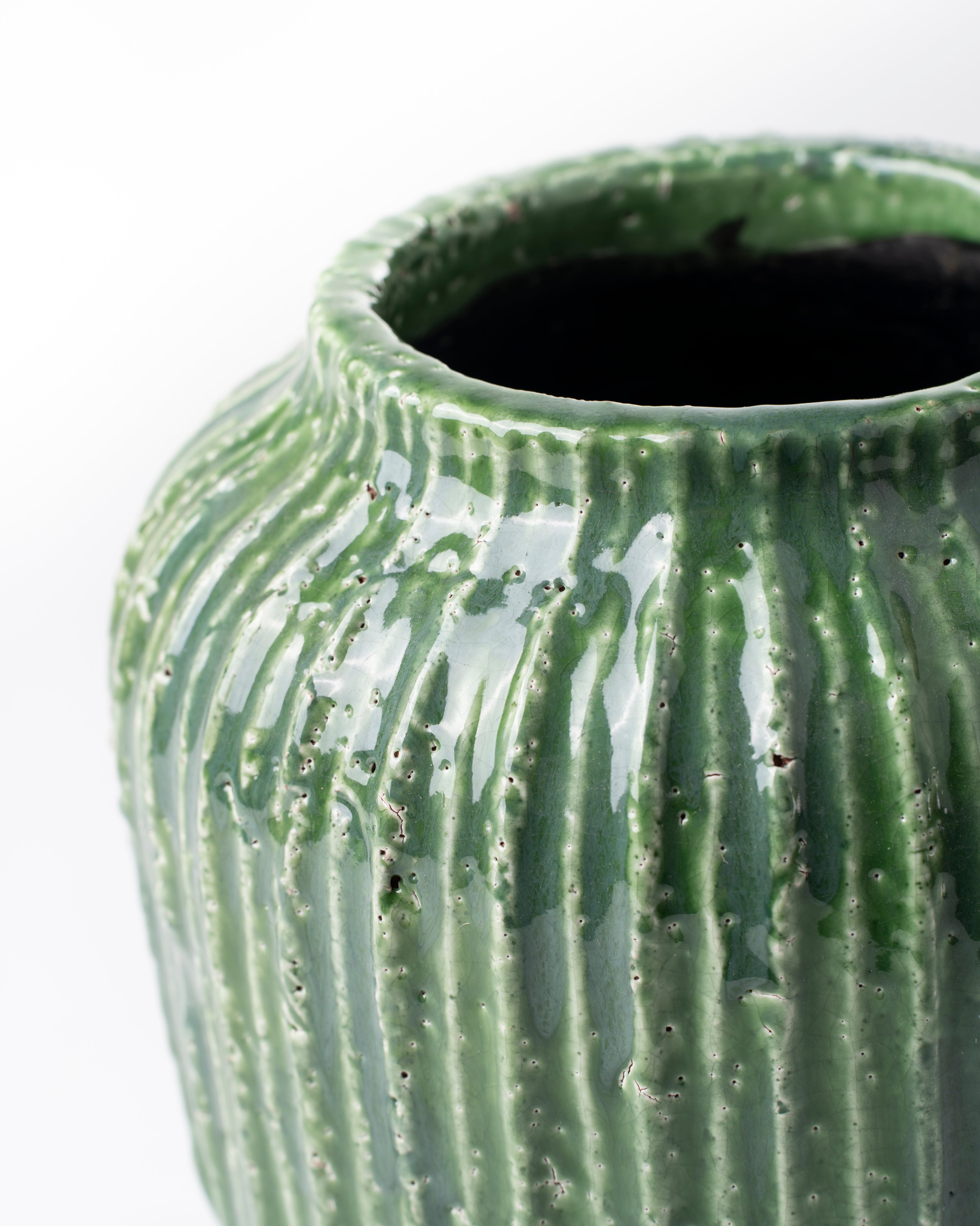 Antique Green Ribbed Ceramic Pot