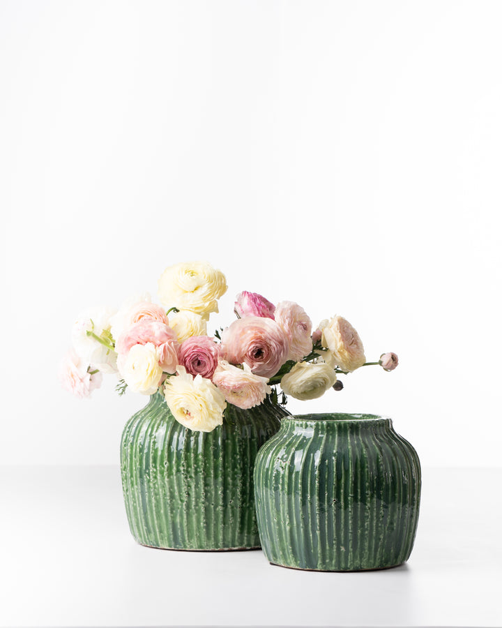 Antique Green Ribbed Ceramic Pot