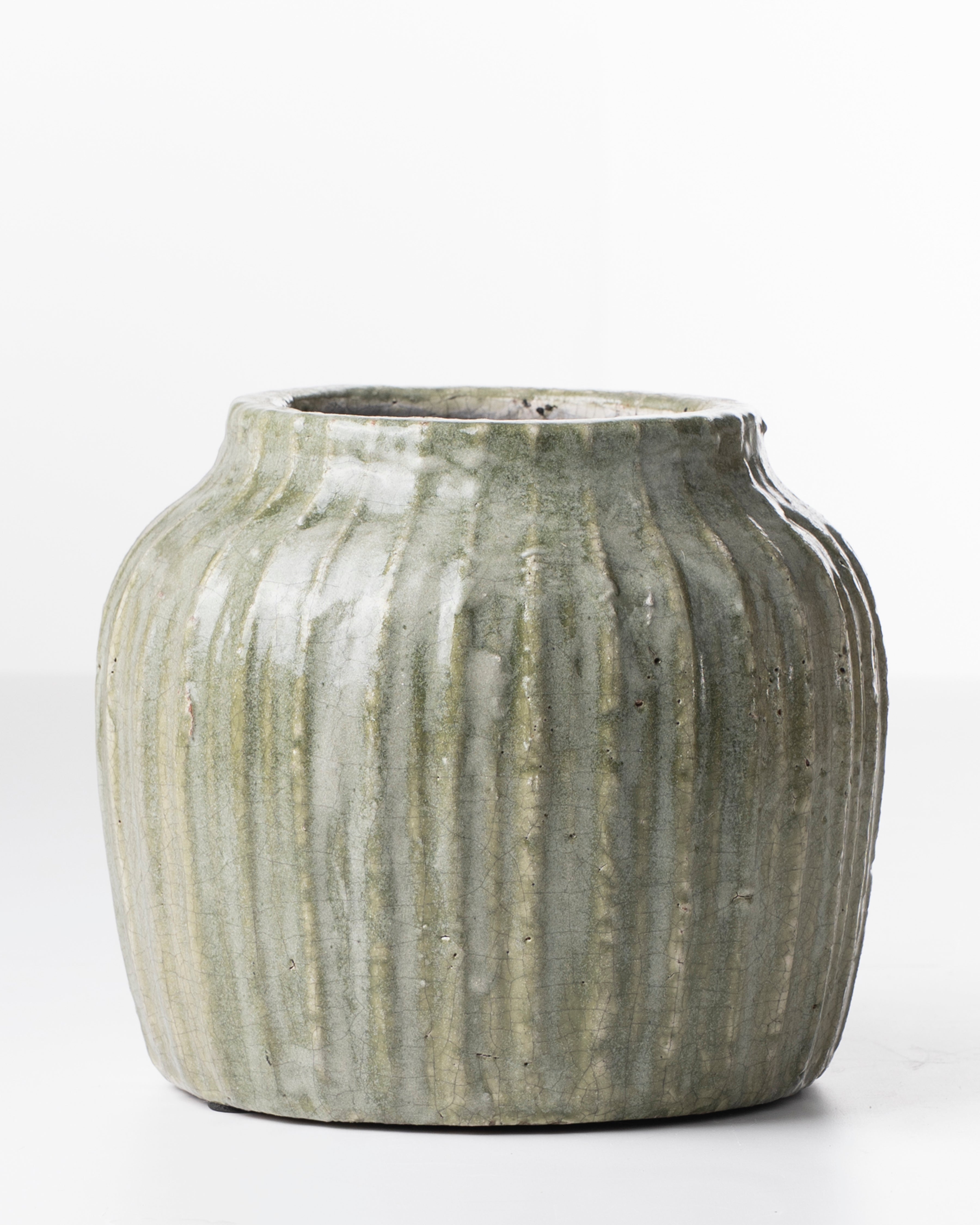 Earthy Green Ribbed Ceramic Pot | Medium