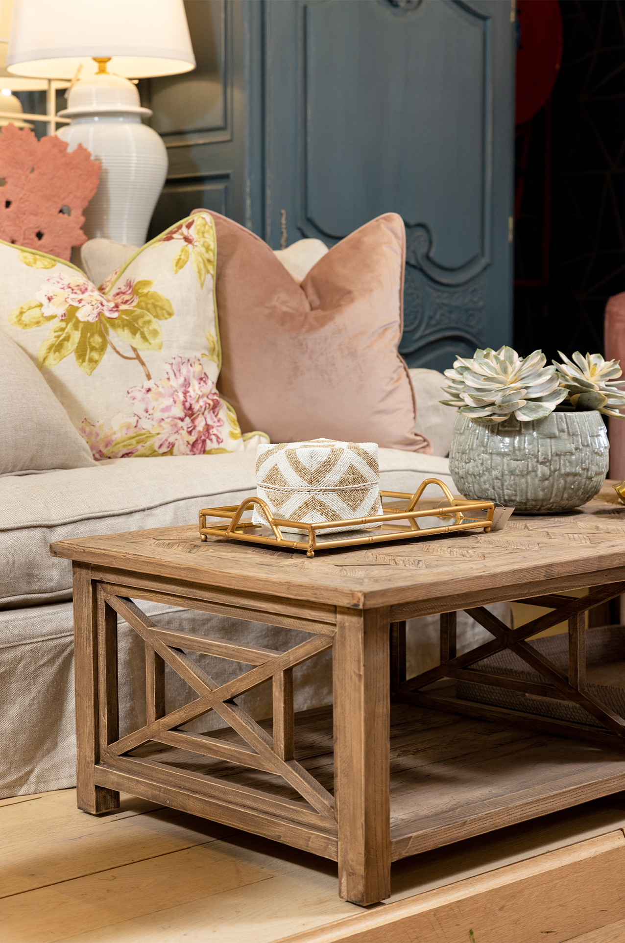 Soft Blush Pink Sofa with Buttoned Ottoman and Velvet Scatter Cushions Block Chisel