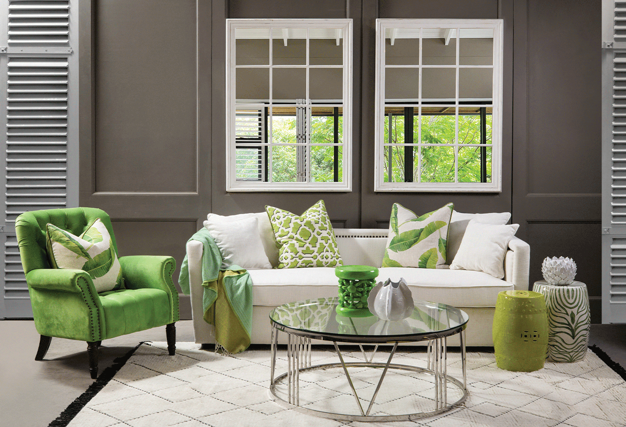 Apple green armchair and soft cream sofa living room style