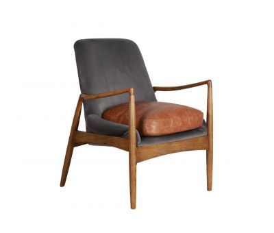 mid-century modern design Hackberry wood legs and plush leather and velvet seat