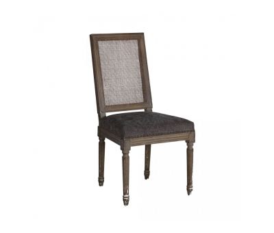 french style dining chait with rattan back and charcoal seat upholstery 