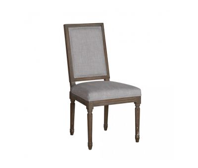 french style dining chair with square back upholstered in stone colour upholstery