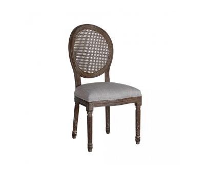 French style dining chair with rattan back and stone colour upholstered seat