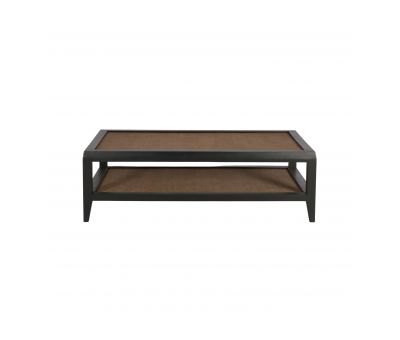 black frame coffee table with rattan inlay and bottom shelf 