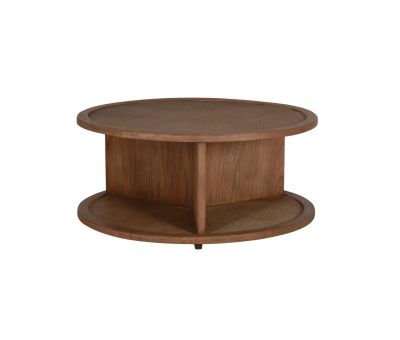 round wooden coffee table with rattan inlay