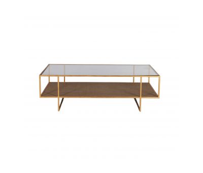 Gold metal frame coffee table with glass top and rattan inlay bottom shelf