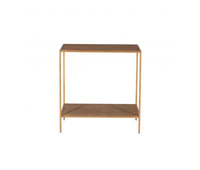 Rectangular side table with gold metal frame and rattan inlay 