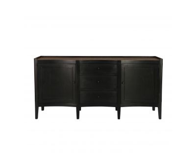 Black sideboard with doors and drawers, rattan inlay on top 