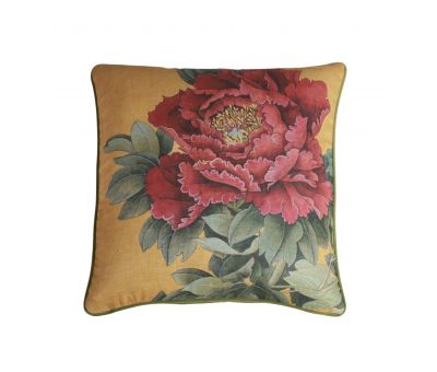 Red flower cushion on mustard background green velvet backing