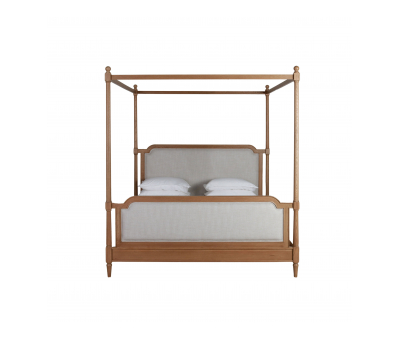 wooden 4 poster bed with fabric headboard and footboard