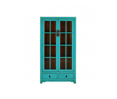 turquoise lacquered chinese cabinet with glass doors