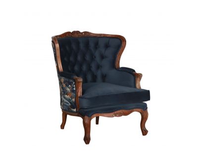 navy velvet wingback chair with floral fabric back