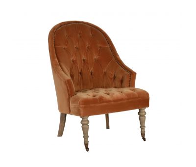 Deco chair upholstered in gold velour with deep buttoned detail, oak legs and castors Château Collection