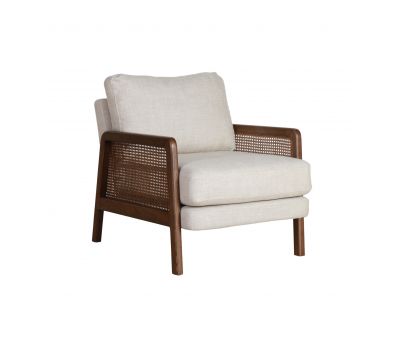 Modern armchair in cream with rattan inlay on arms