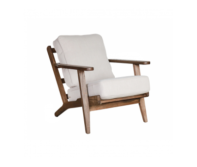 Modern armchair, wooden frame with cream back and seat cushion