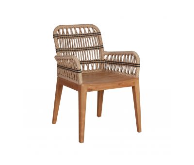 Outdoor dining armchair with teak frame and synthetic rope weave