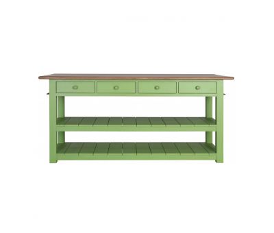 Block & Chisel kitchen island with weathered oak top and green base