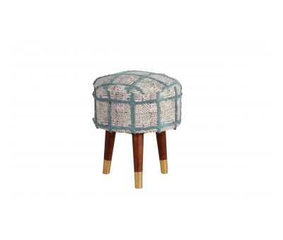 blue shaggy footstool with wooden legs