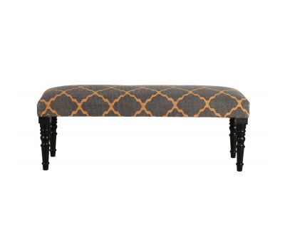 Charcoal and mustard upholstered bench with wooden legs