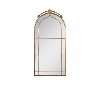 Gold metal framed arched mirror with ornate detail