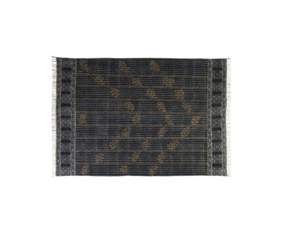 indus rug in black with mustard squiggle