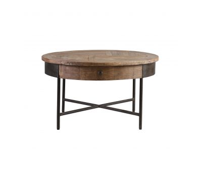 round elm coffee table with metal cross base