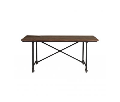 industrial style dining table with metal legs and wood top.