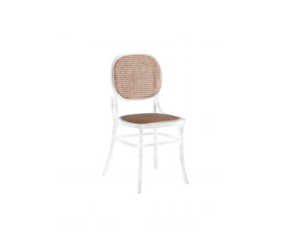 white wooden chair with rattan back and seat