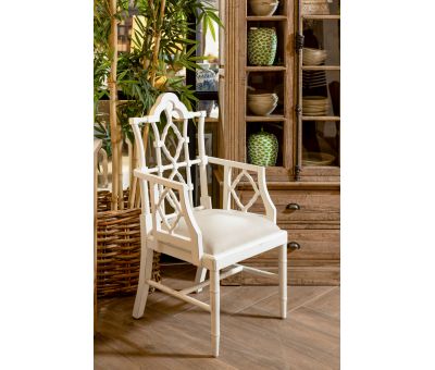 white painted armchair with beige seat