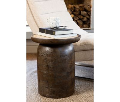 wooden side table with travertine marble inlay