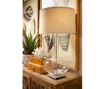 glass lamp base with linen shade