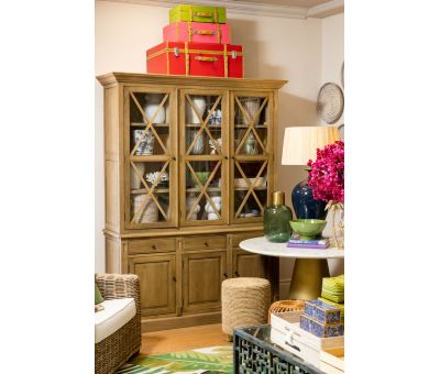 Oak display cabinet with 3 glass doors and drawers