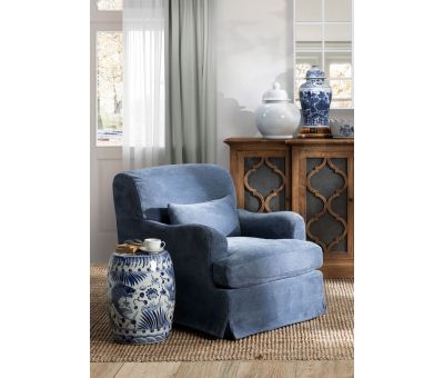 blue chenille upholstered slipcover chair 