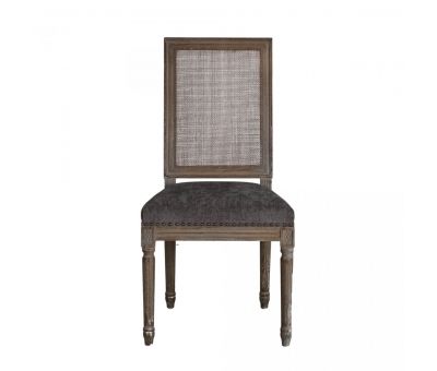 french style dining chait with rattan back and charcoal seat upholstery 