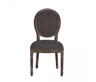 Oval back dining chair upholstered in charcoal with elm wood frame