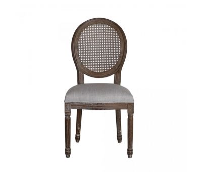 French style dining chair with rattan back and stone colour upholstered seat