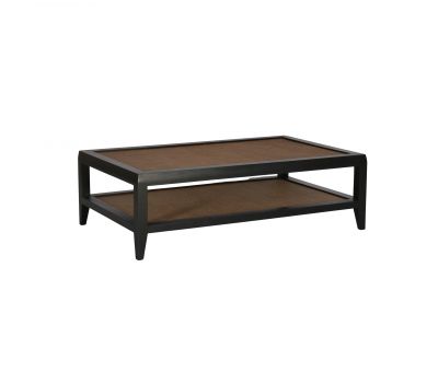 black frame coffee table with rattan inlay and bottom shelf 