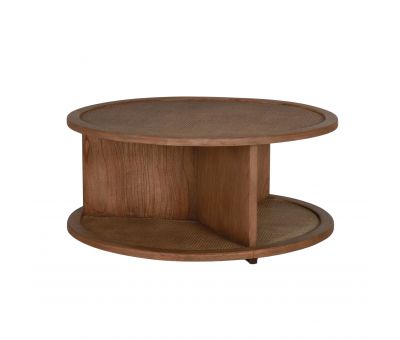 round wooden coffee table with rattan inlay