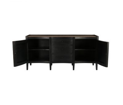 Black sideboard with doors and drawers, rattan inlay on top 