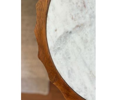 Mango wood side table with travertine marble inlay