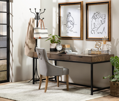 3 drawer Block and chisel oak desk with metal base.