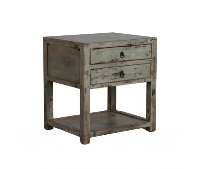 distressed painted bedside table with 2 drawers