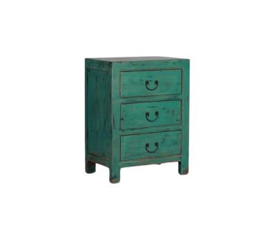 3 drawer blue bedside table with metal handles