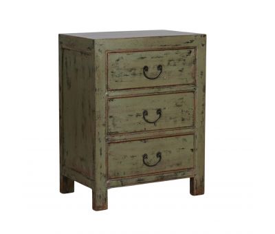 3 drawer olive green bedside table with metal handles