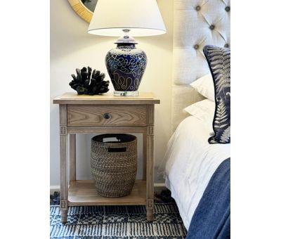 blue and grey woolen rug with tassels